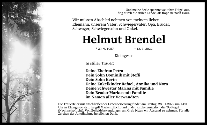  Traueranzeige für Helmut Brendel vom 22.01.2022 aus Nordbayer. Nachrichten Forchheim/ Nordbayer. Nachrichten Pegnitz