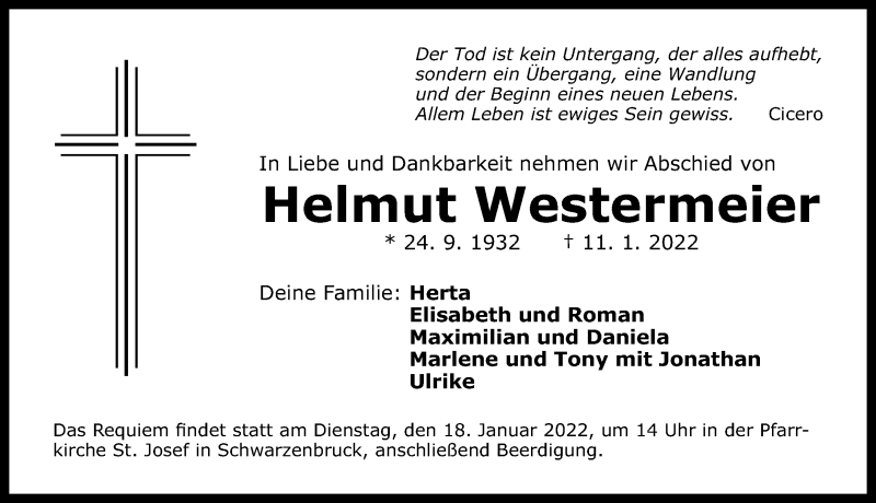  Traueranzeige für Helmut Westermeier vom 15.01.2022 aus Gesamtausgabe Nürnberger Nachrichten/ Nürnberger Ztg.