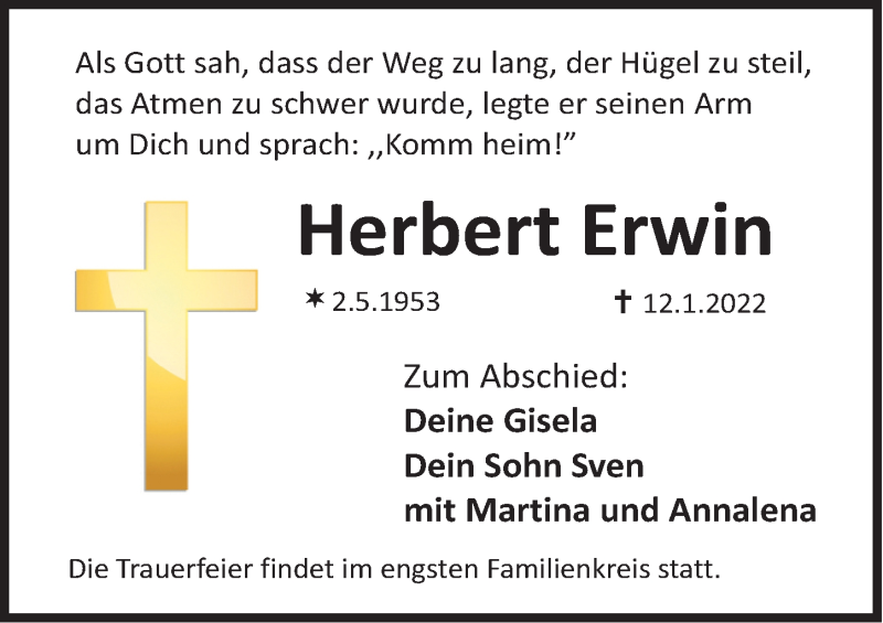  Traueranzeige für Herbert Erwin vom 14.01.2022 aus Nordbayerische Nachrichten Herzogenaurach Lokal