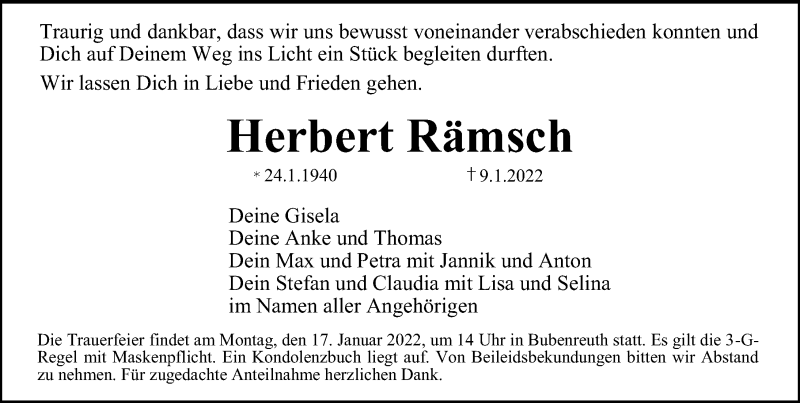  Traueranzeige für Herbert Rämsch vom 15.01.2022 aus Erlanger Nachrichten Lokal