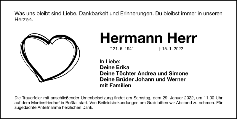  Traueranzeige für Hermann Herr vom 27.01.2022 aus Fürther Nachrichten Lokal