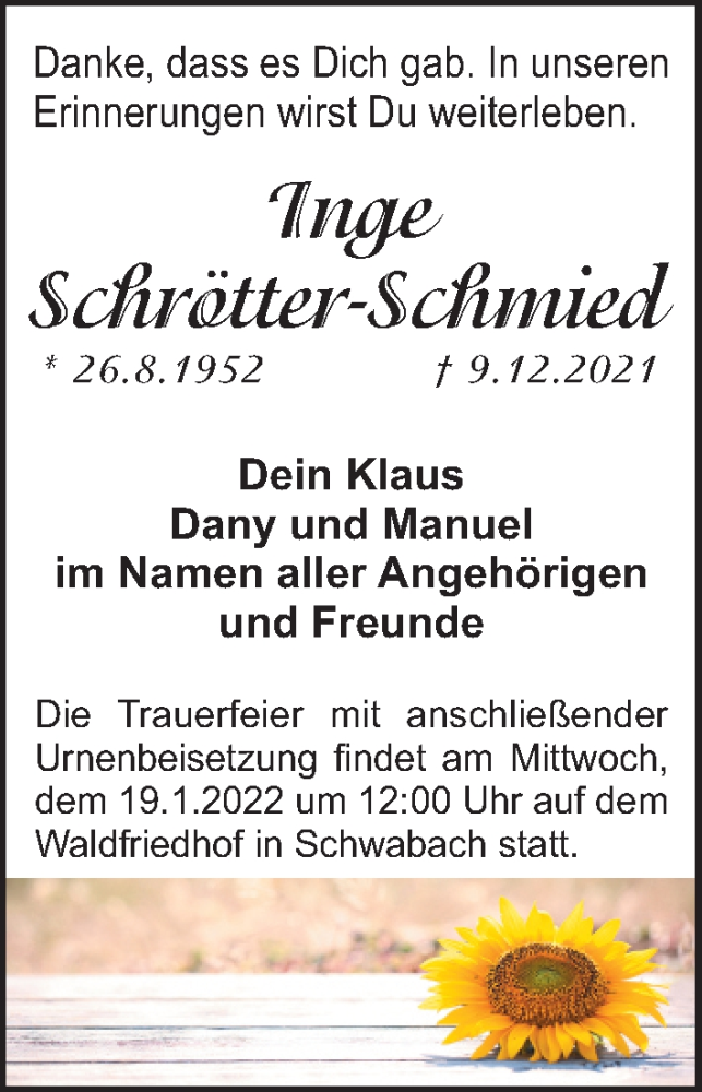  Traueranzeige für Inge Schrötter-Schmied vom 15.01.2022 aus Schwabacher Tagblatt Lokal