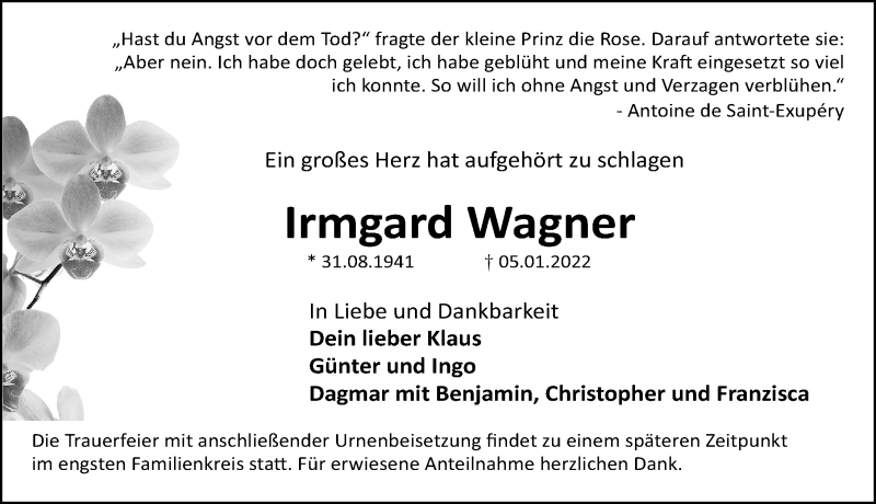  Traueranzeige für Irmgard Wagner vom 15.01.2022 aus Gesamtausgabe Nürnberger Nachrichten/ Nürnberger Ztg.