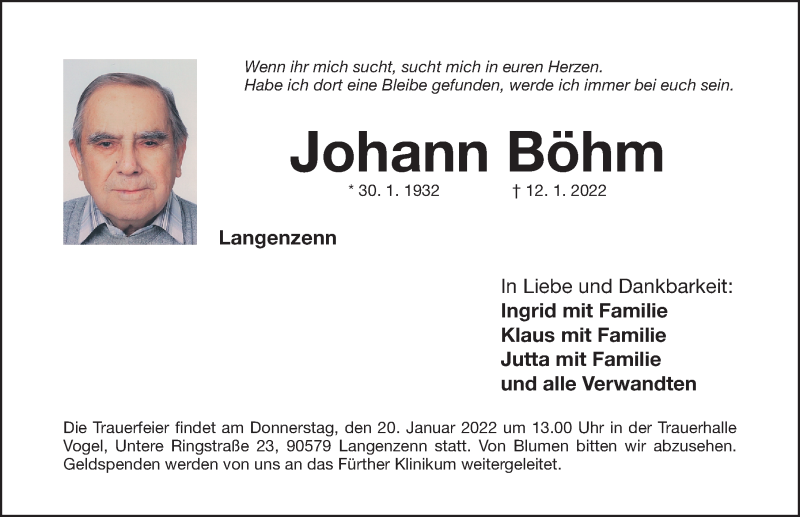  Traueranzeige für Johann Böhm vom 15.01.2022 aus Fürther Nachrichten Lokal