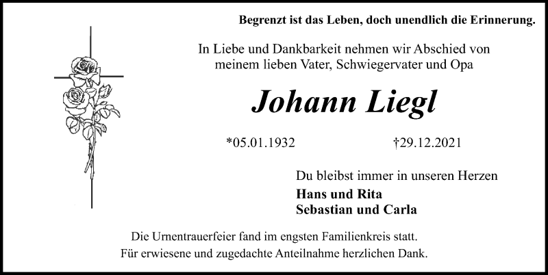  Traueranzeige für Johann Liegl vom 15.01.2022 aus Erlanger Nachrichten Lokal