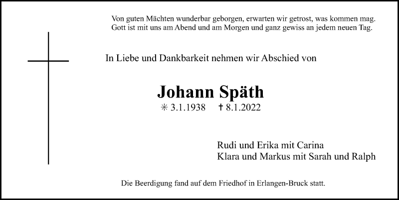  Traueranzeige für Johann Späth vom 15.01.2022 aus Erlanger Nachrichten Lokal