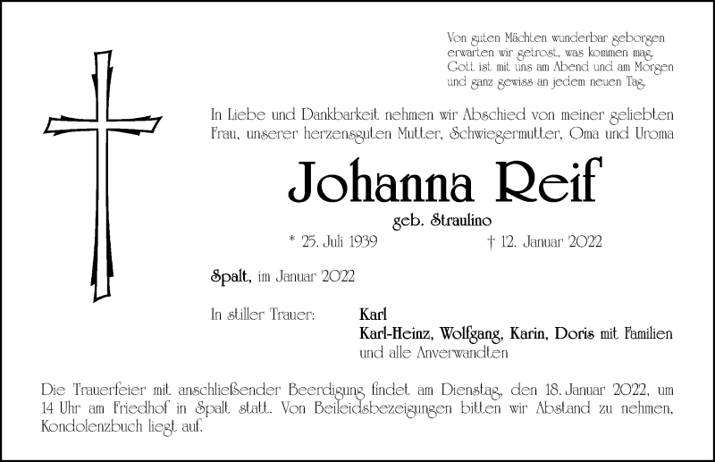  Traueranzeige für Johanna Reif vom 15.01.2022 aus Altmühl-Bote Lokal/ Roth-Hilpoltsteiner Volkszeitung