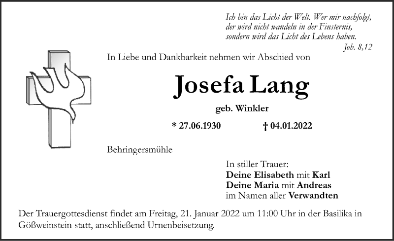  Traueranzeige für Josefa Lang vom 15.01.2022 aus Nordbayerische Nachrichten Forchheim Lokal