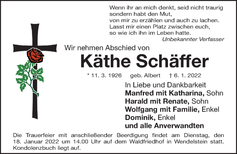  Traueranzeige für Käthe Schäffer vom 15.01.2022 aus Gesamtausgabe Nürnberger Nachrichten/ Nürnberger Ztg.