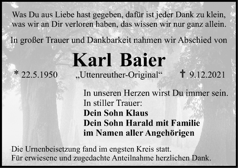  Traueranzeige für Karl Baier vom 15.01.2022 aus Erlanger Nachrichten Lokal