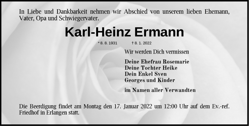  Traueranzeige für Karl-Heinz Ermann vom 15.01.2022 aus Erlanger Nachrichten Lokal