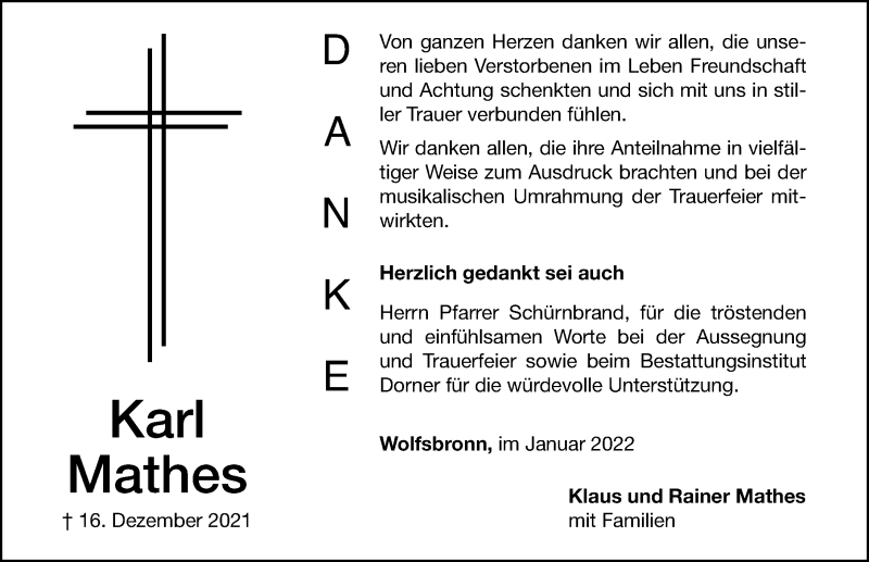  Traueranzeige für Karl Mathes vom 15.01.2022 aus Altmühl-Bote Lokal