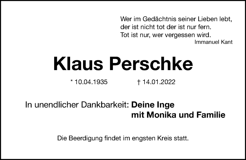  Traueranzeige für Klaus Perschke vom 15.01.2022 aus Gesamtausgabe Nürnberger Nachrichten/ Nürnberger Ztg.