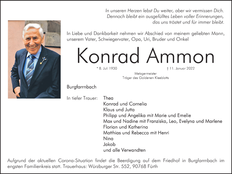  Traueranzeige für Konrad Ammon vom 15.01.2022 aus Gesamtausgabe Nürnberger Nachrichten/ Nürnberger Ztg./ Fürther Nachrichten