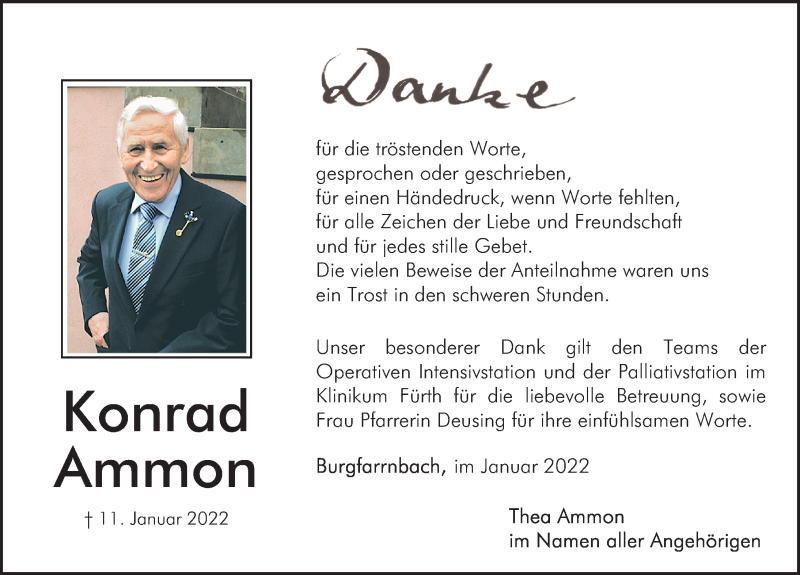  Traueranzeige für Konrad Ammon vom 29.01.2022 aus Gesamtausgabe Nürnberger Nachrichten/ Nürnberger Ztg./ Fürther Nachrichten