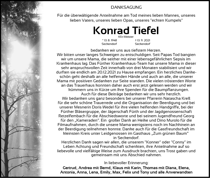  Traueranzeige für Konrad Tiefel vom 22.01.2022 aus Gesamtausgabe Nürnberger Nachrichten/ Nürnberger Ztg.