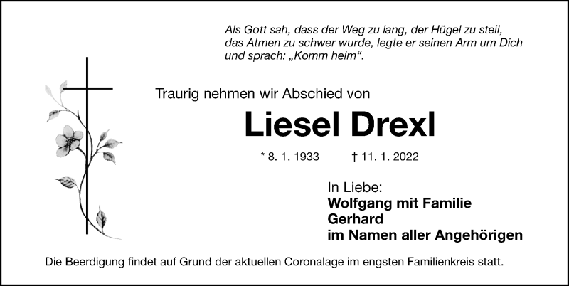  Traueranzeige für Liesel Drexl vom 15.01.2022 aus Gesamtausgabe Nürnberger Nachrichten/ Nürnberger Ztg.
