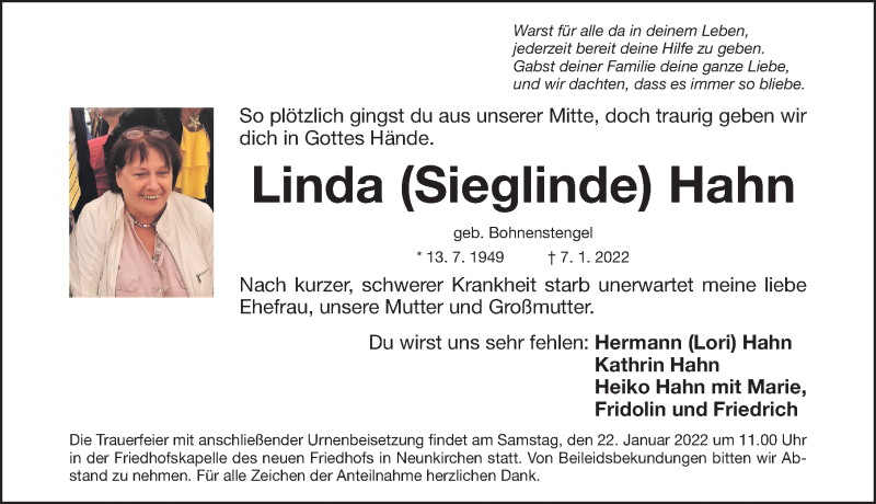  Traueranzeige für Linda Hahn vom 15.01.2022 aus Erlanger Nachrichten Lokal