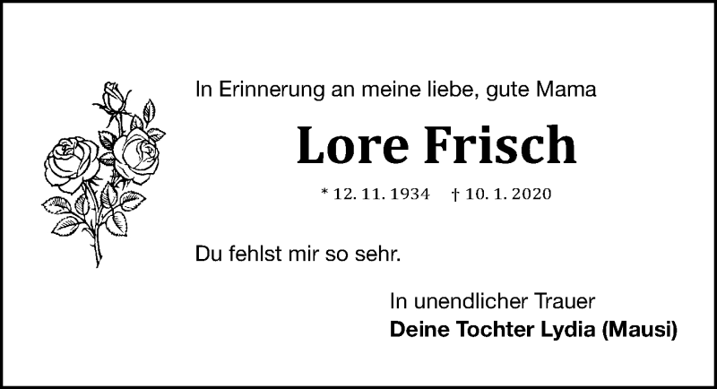  Traueranzeige für Lore Frisch vom 15.01.2022 aus Gesamtausgabe Nürnberger Nachrichten/ Nürnberger Ztg.