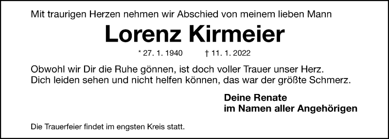  Traueranzeige für Lorenz Kirmeier vom 15.01.2022 aus Gesamtausgabe Nürnberger Nachrichten/ Nürnberger Ztg.