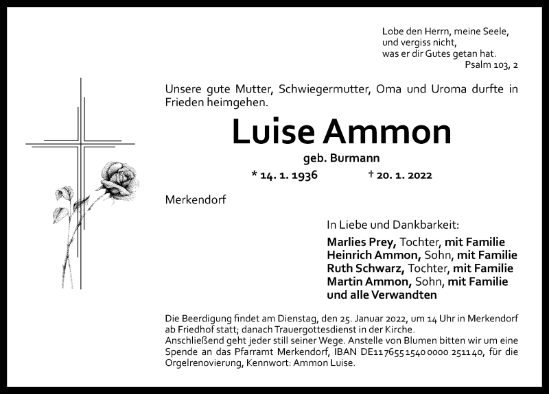  Traueranzeige für Luise Ammon vom 22.01.2022 aus Altmühl-Bote Lokal