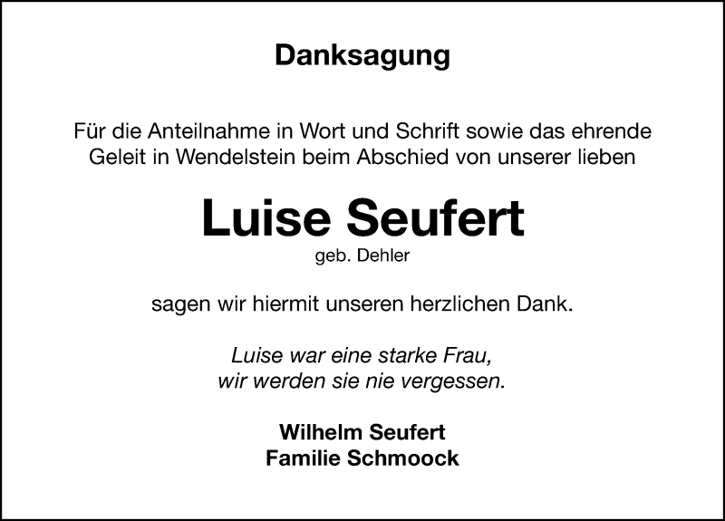  Traueranzeige für Luise Seufert vom 22.01.2022 aus Schwabacher Tagblatt Lokal