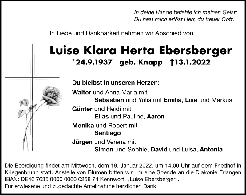  Traueranzeige für Luise Klara Herta Ebersberger vom 15.01.2022 aus Gesamtausgabe Nürnberger Nachrichten/ Nürnberger Ztg.