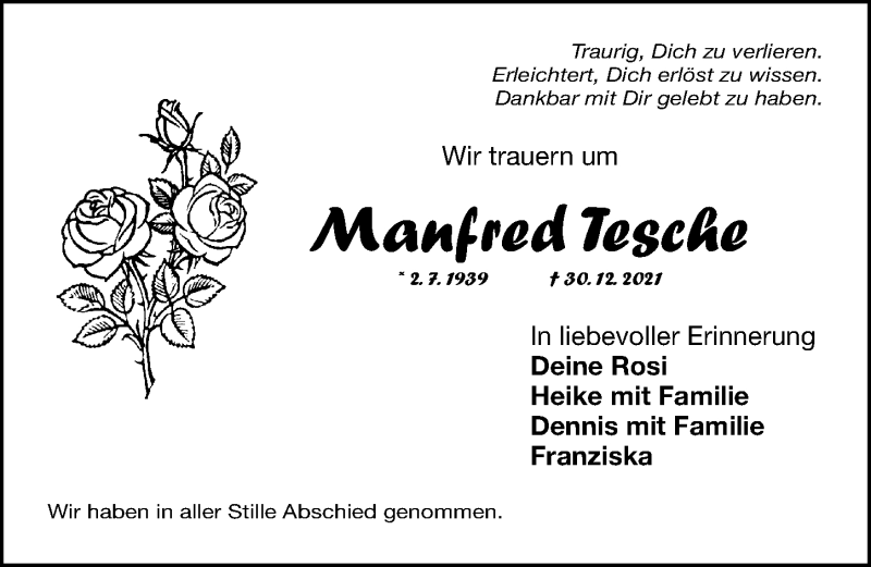 Traueranzeige für Manfred Tesche vom 22.01.2022 aus Gesamtausgabe Nürnberger Nachrichten/ Nürnberger Ztg.