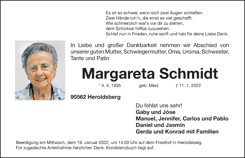  Traueranzeige für Margareta Schmidt vom 15.01.2022 aus Gesamtausgabe Nürnberger Nachrichten/ Nürnberger Ztg.