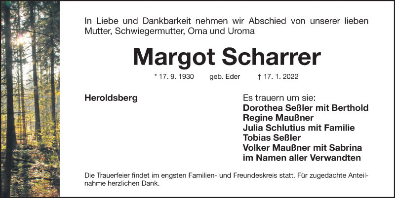  Traueranzeige für Margot Scharrer vom 22.01.2022 aus Gesamtausgabe Nürnberger Nachrichten/ Nürnberger Ztg.