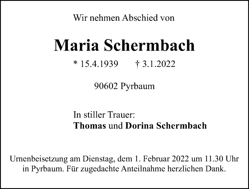  Traueranzeige für Maria Schermbach vom 27.01.2022 aus Neumarkter Nachrichten Lokal