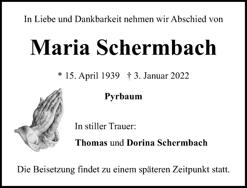  Traueranzeige für Maria Schermbach vom 06.01.2022 aus Neumarkter Nachrichten Lokal