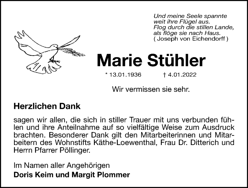  Traueranzeige für Marie Stühler vom 22.01.2022 aus Gesamtausgabe Nürnberger Nachrichten/ Nürnberger Ztg.