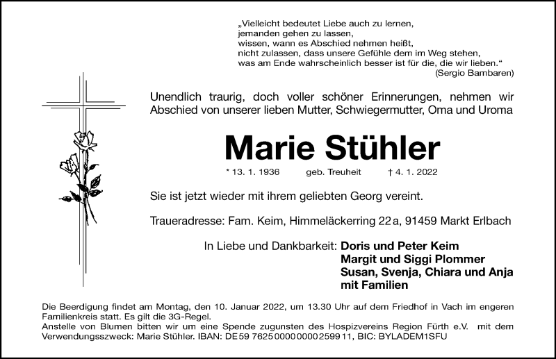  Traueranzeige für Marie Stühler vom 08.01.2022 aus Gesamtausgabe Nürnberger Nachrichten/ Nürnberger Ztg.