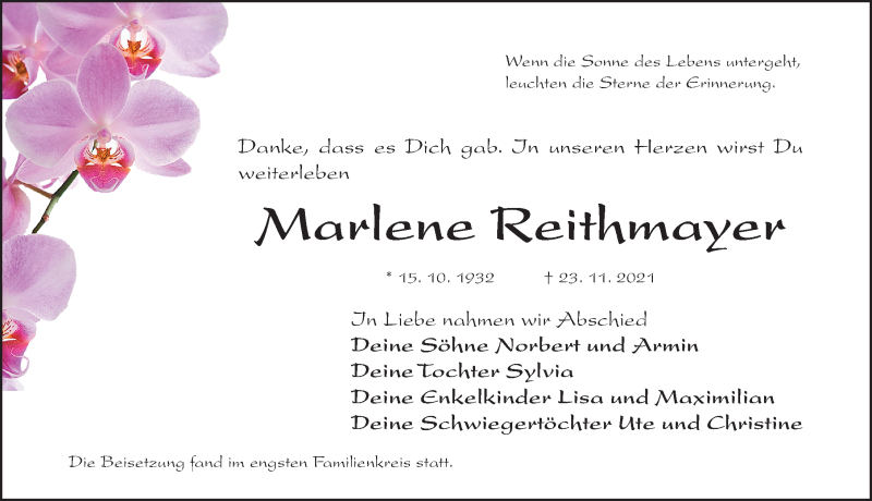  Traueranzeige für Marlene Reithmayer vom 15.01.2022 aus Gesamtausgabe Nürnberger Nachrichten/ Nürnberger Ztg.