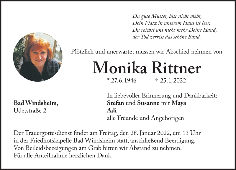  Traueranzeige für Monika Rittner vom 27.01.2022 aus Windsheimer Zeitung Lokal