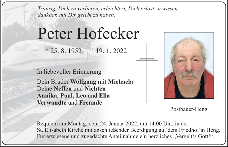  Traueranzeige für Peter Hofecker vom 22.01.2022 aus Neumarkter Nachrichten Lokal