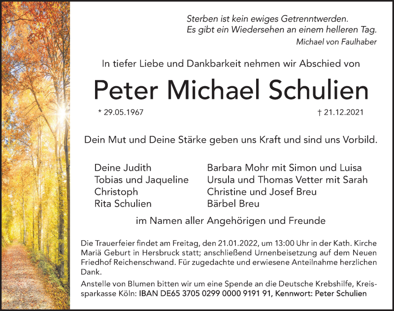  Traueranzeige für Peter Michael Schulien vom 15.01.2022 aus Gesamtausgabe Nürnberger Nachrichten/ Nürnberger Ztg.