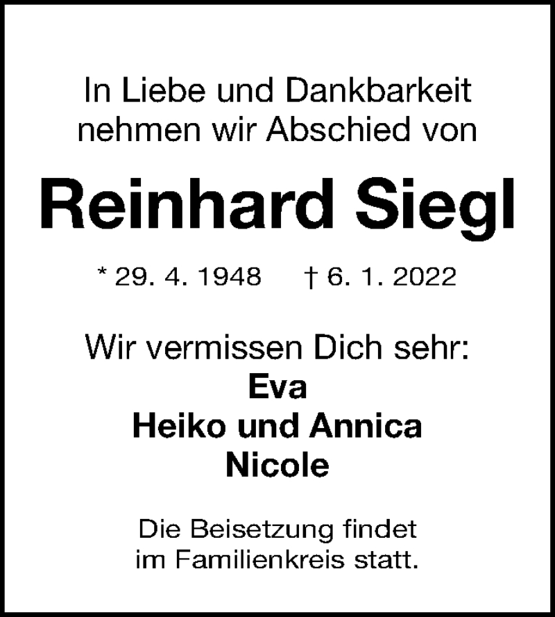 Traueranzeige für Reinhard Siegl vom 15.01.2022 aus Gesamtausgabe Nürnberger Nachrichten/ Nürnberger Ztg.