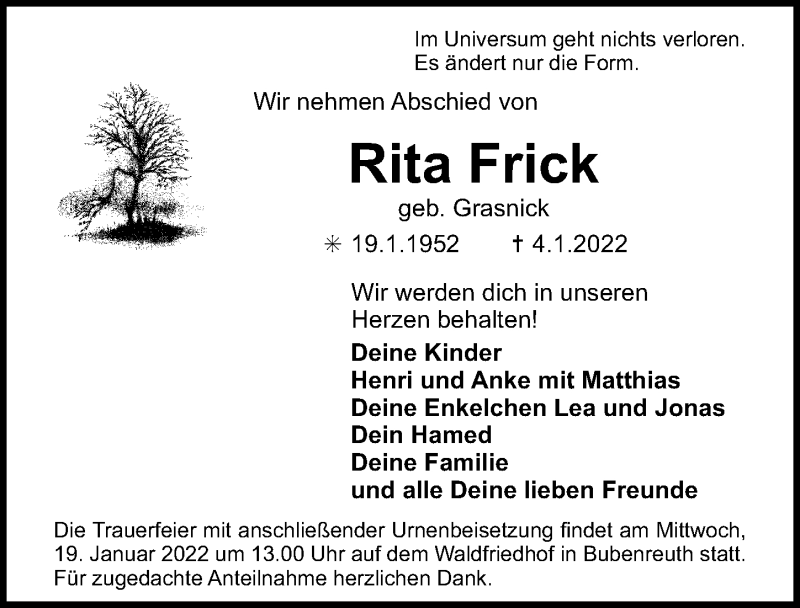  Traueranzeige für Rita Frick vom 15.01.2022 aus Erlanger Nachrichten Lokal