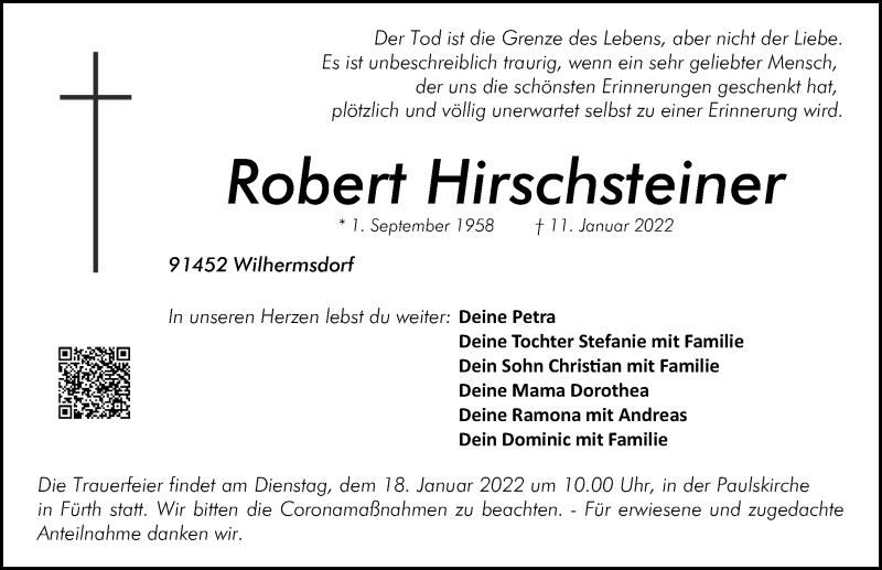  Traueranzeige für Robert Hirschsteiner vom 15.01.2022 aus Gesamtausgabe Nürnberger Nachrichten/ Nürnberger Ztg.