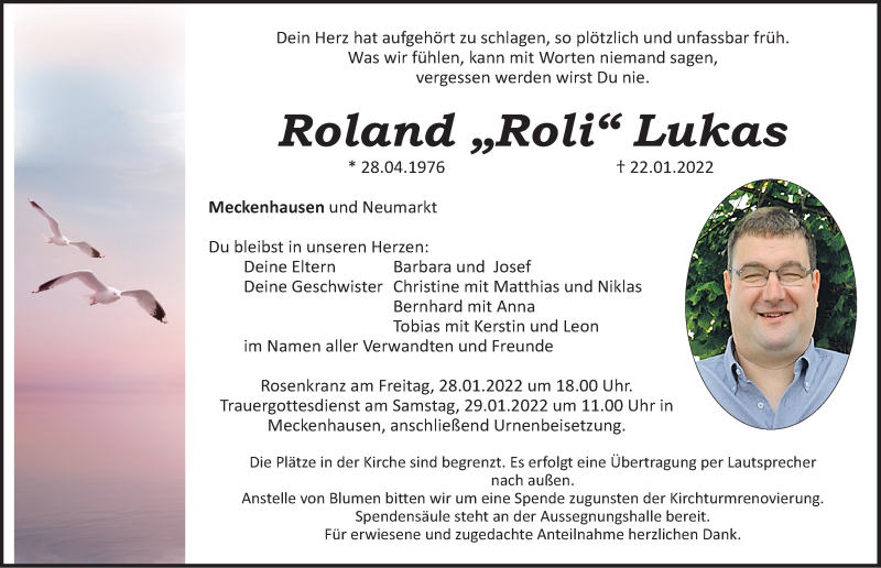  Traueranzeige für Roland Lukas vom 27.01.2022 aus Roth-Hilpoltsteiner Volkszeitung Lokal