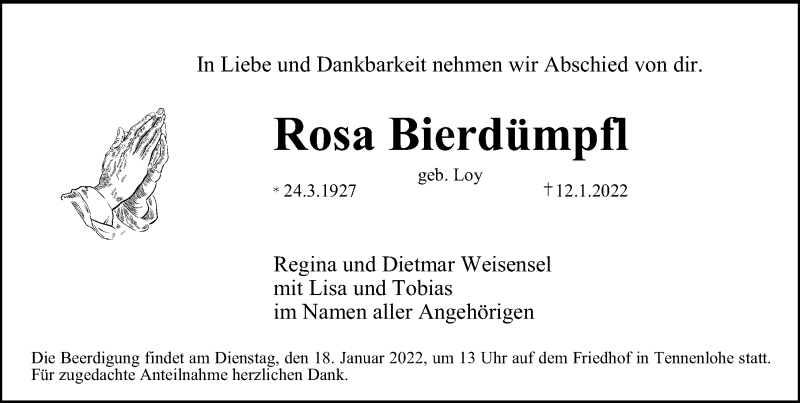  Traueranzeige für Rosa Bierdümpfl vom 15.01.2022 aus Erlanger Nachrichten Lokal