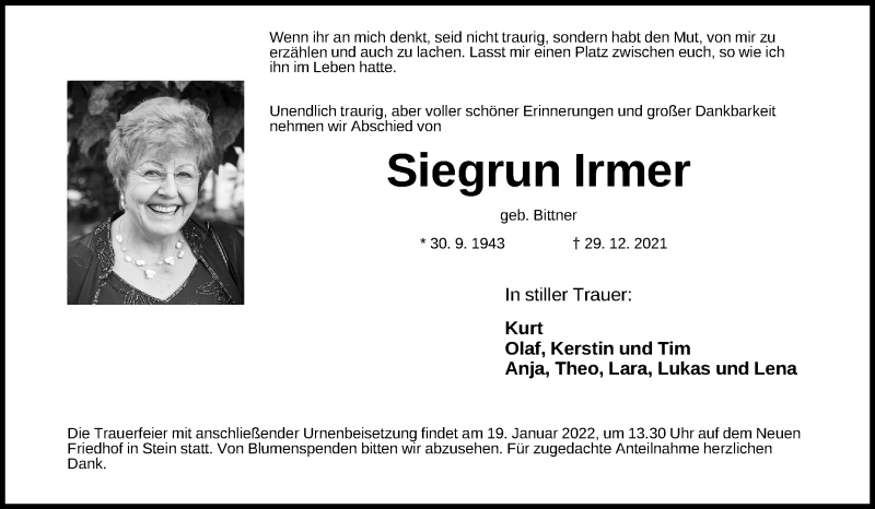  Traueranzeige für Siegrun Irmer vom 15.01.2022 aus Gesamtausgabe Nürnberger Nachrichten/ Nürnberger Ztg.