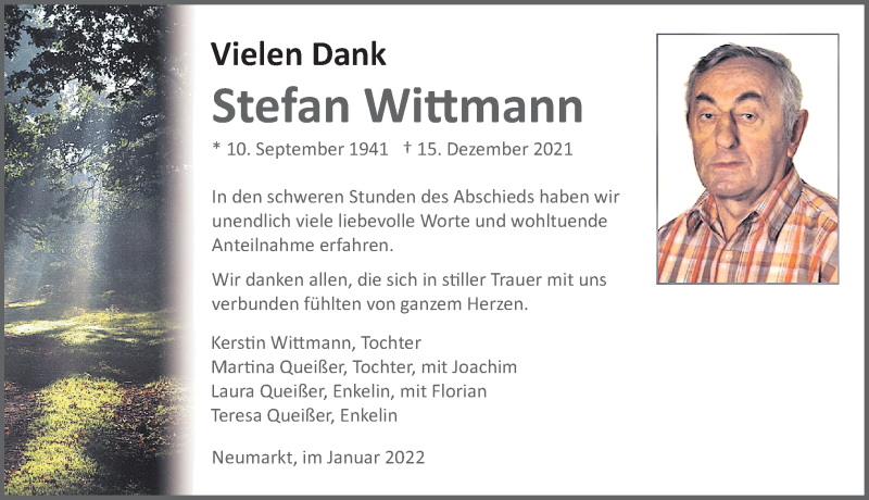  Traueranzeige für Stefan Wittmann vom 15.01.2022 aus Neumarkter Nachrichten Lokal