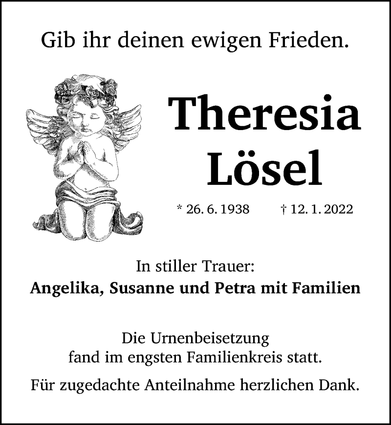  Traueranzeige für Theresia Lösel vom 27.01.2022 aus Schwabacher Tagblatt Lokal