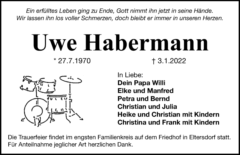  Traueranzeige für Uwe Habermann vom 08.01.2022 aus Erlanger Nachrichten Lokal