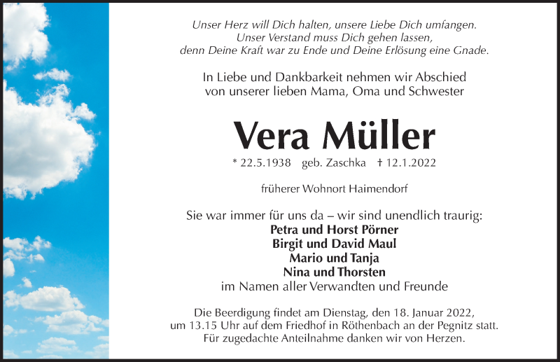  Traueranzeige für Vera Müller vom 15.01.2022 aus Gesamtausgabe Nürnberger Nachrichten/ Nürnberger Ztg.