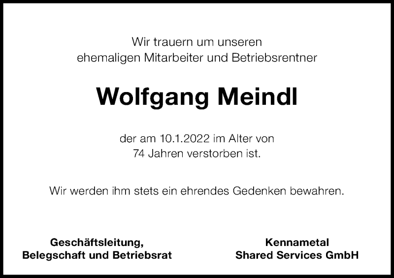  Traueranzeige für Wolfgang Meindl vom 26.01.2022 aus Fürther Nachrichten Lokal