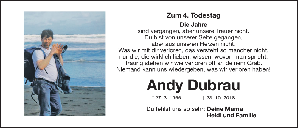  Traueranzeige für Andy Dubrau vom 22.10.2022 aus Fürther Nachrichten Lokal